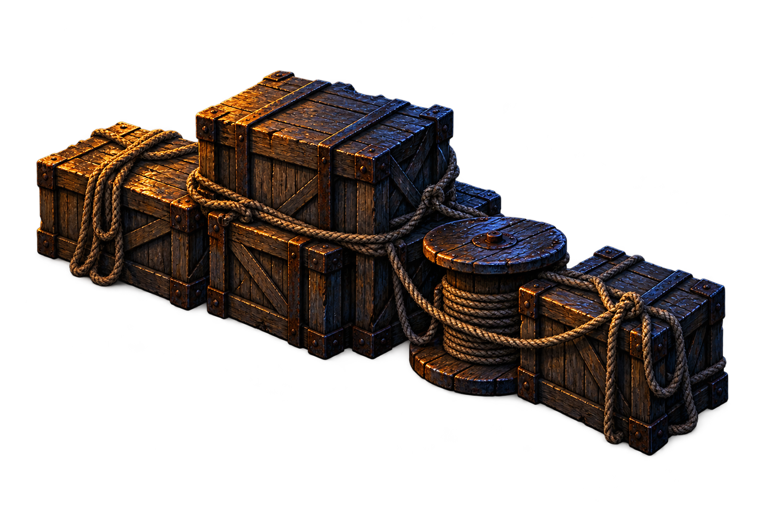 Rain-darkened shipping crates and a cable drum across the pier